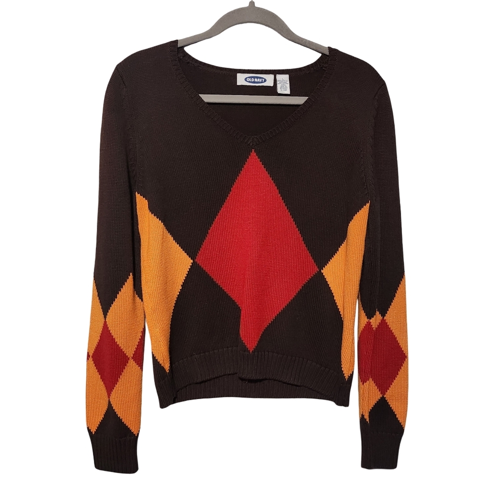 OLD NAVY Sweater Womens Large Brown Argyle Diamond Knit V Neck Y2K Preppy Retro - Picture 2 of 9